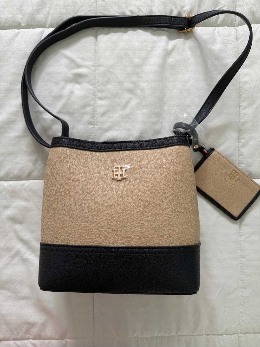 Tommy Hilfiger Beige and Black Crossbody Bucket Bag